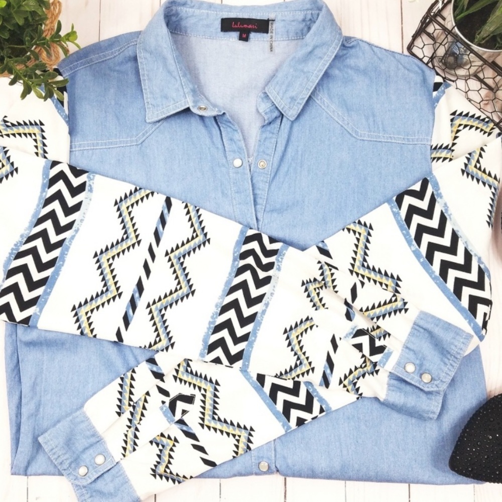Lulumari Chambray Denim Button Down Shirt Aztec Tribal Print Sleeves